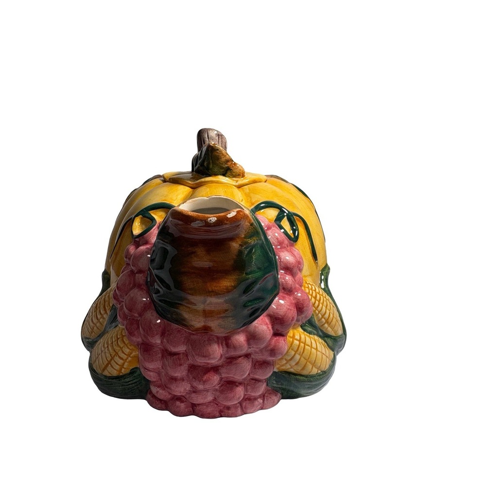 Vintage Ceramic Thanksgiving Banquet Teapot with Lid Grapes Leaves Corn Pumpkin - Picture 3 of 12